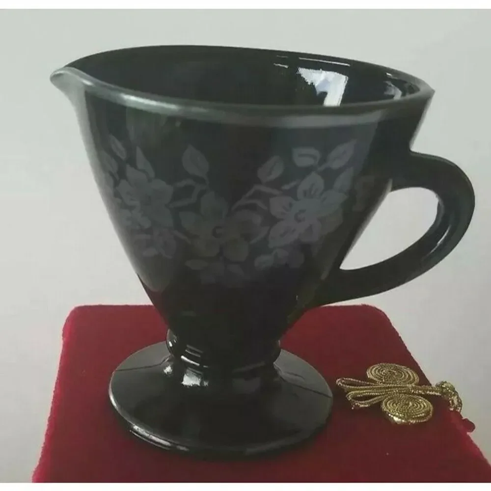 Vintage Rare Black Milk Glass Creamer Pitcher w/ silver trim 3.5